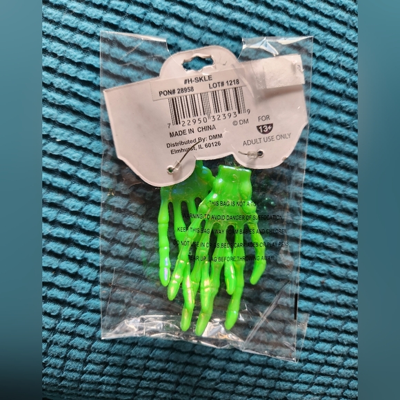 Iridescent Green Skeleton Hands Drop Earrings - Picture 2 of 4